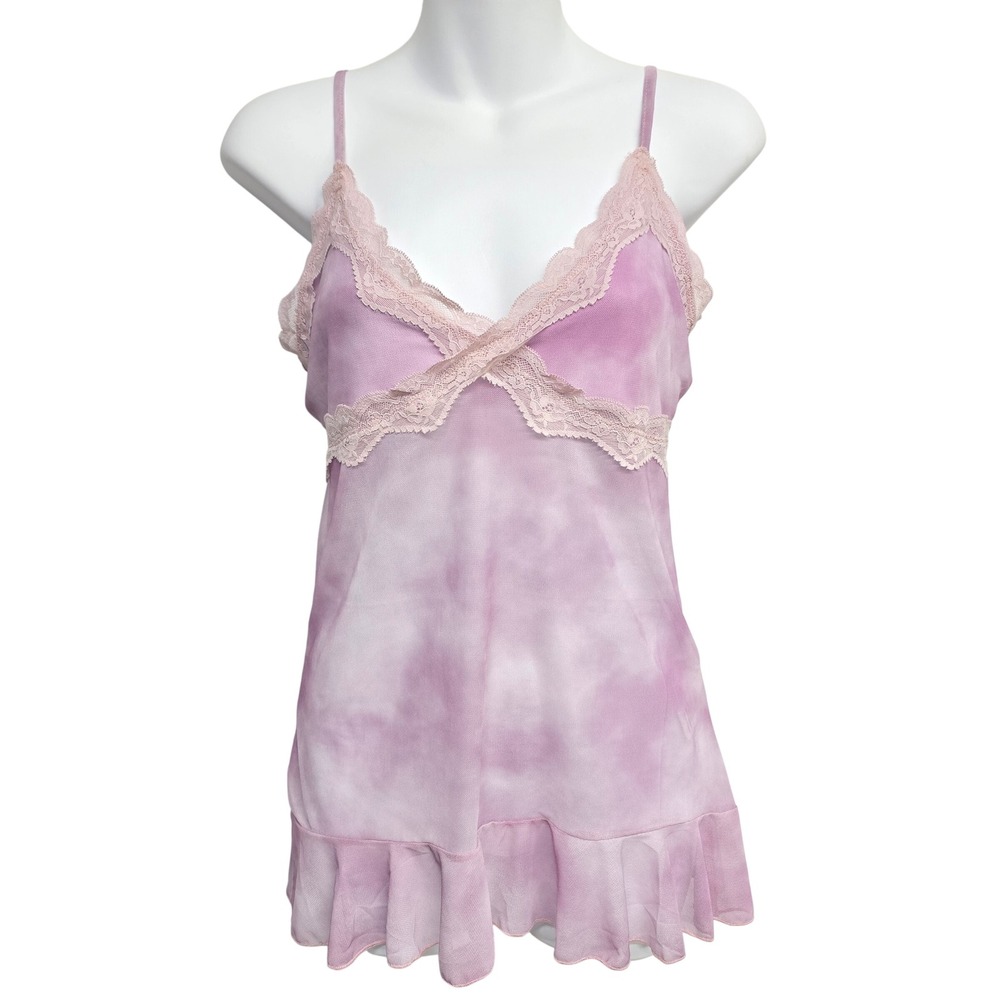 Purple Tie Dye Lace Trim Camisole Ruffle Babydoll Tank Top L Whimsigoth Fairy